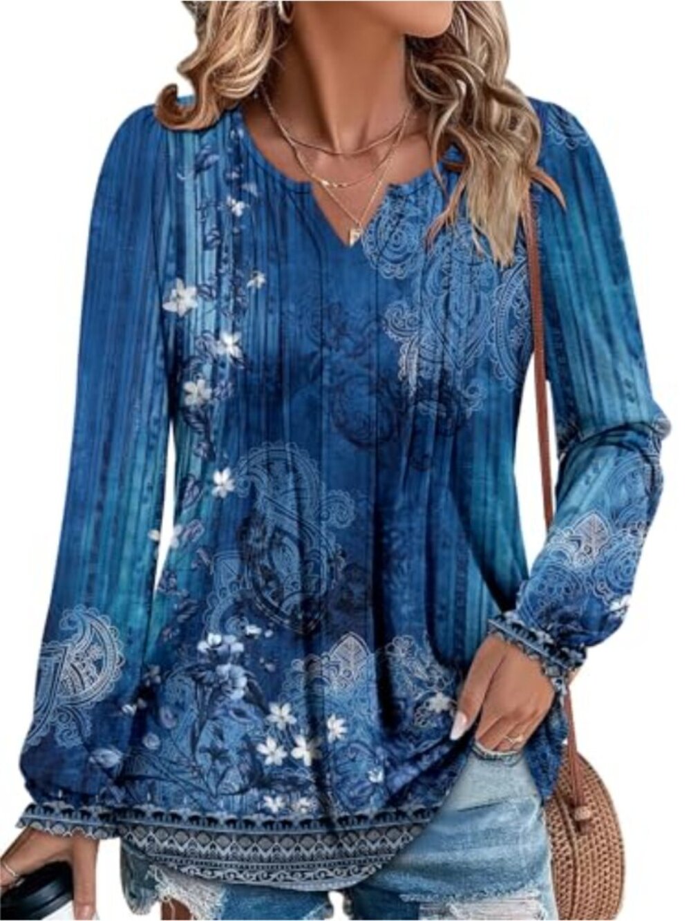 Women's Tunic Top V Neck Puff Long Sleeve Pleated Blouse Work Dressy